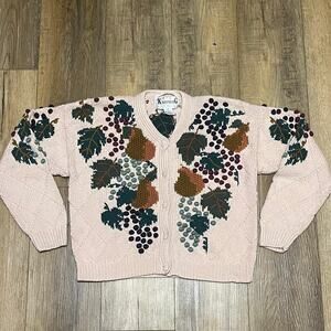 Vtg KNITTING NEEDLES Hand Knit Cardigan Sweater S Fall Fruit Cottagecore Granny